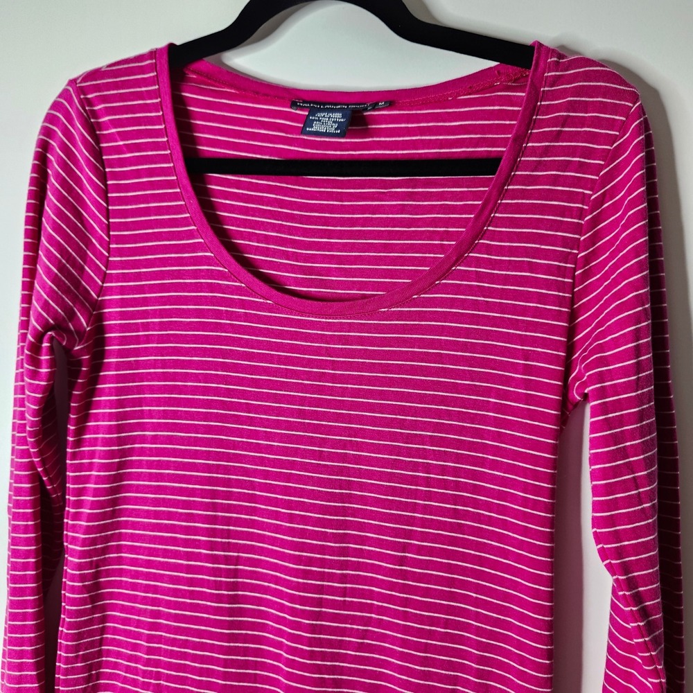 Ralph Lauren Sport Pink Striped Pima Cotton Long Sleeve Top Medium Embroidered
